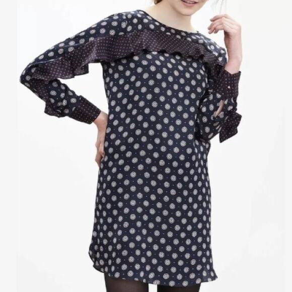 Banana Republic SILK Foulard Ruffle Blue Dress Long Sleeve Gold Stud Buttons 8 - Picture 8 of 14